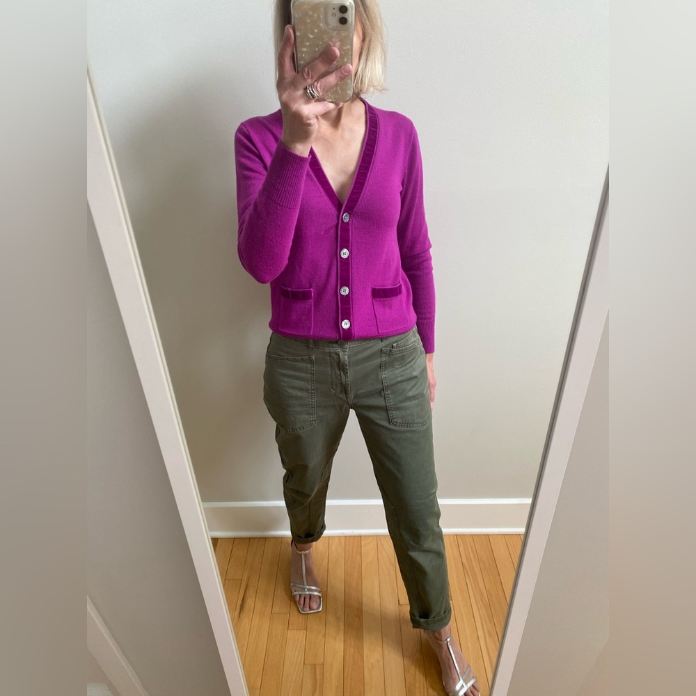 J Crew Pink Merino Wool Cardigan With Velvet Trim